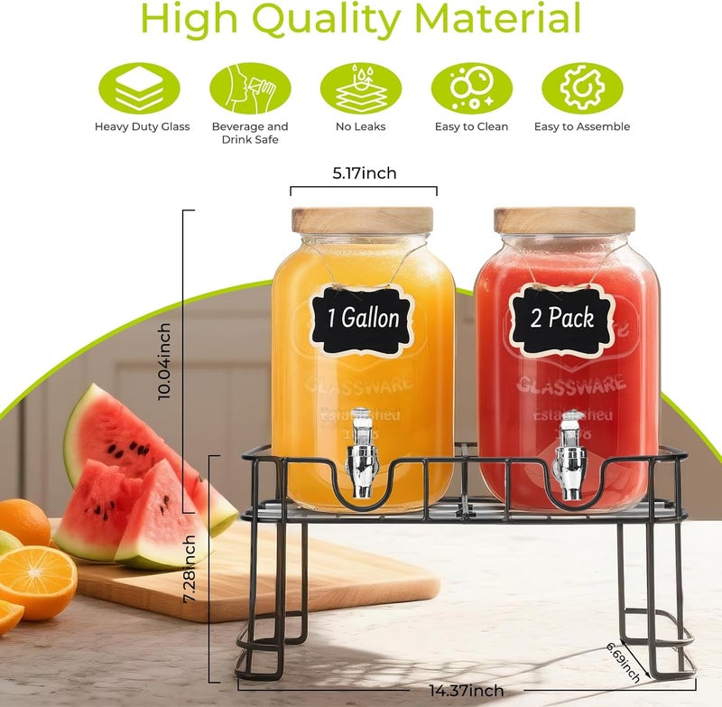 DHSBTLS 1 Gallon Glass Drink Dispensers, 2 Pack Clear Beverage Dispenser with Wood Lid for Party, BBQ and Picnic, Juice Dispenser with Black Stand, Spigot, Markers and Chalkboard - Image 3